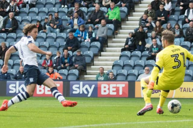 Ben Pearson scores for PNE against Aston Villa at Deepdale