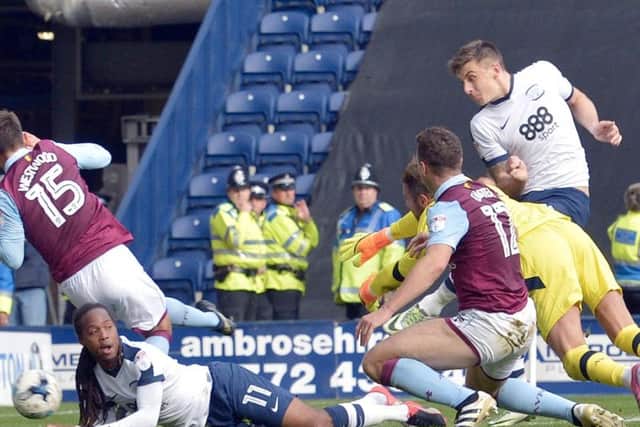 Jordan Hugill scores Preston's second goal against Aston Villa