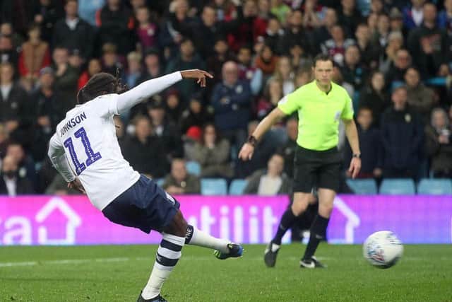 Daniel Johnson scores from the penalty spot in Preston's 3-3 draw at Villa Park