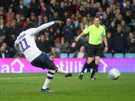 Daniel Johnson scores from the penalty spot in Preston's 3-3 draw at Villa Park