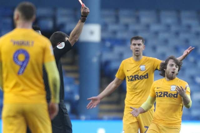 Preston North End's Ben Pearson is sent off against Sheffield Wednesday