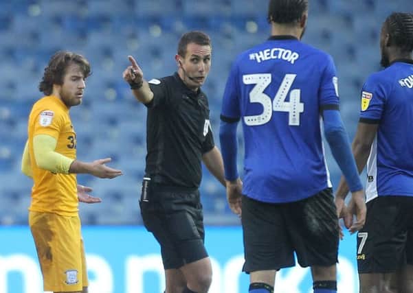 Preston North End's Ben Pearson is sent off by ref Davis Coote against Sheffield Wednesday