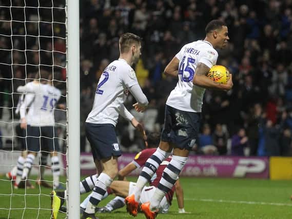Lukas Nmecha collects the ball after scoring Preston's equaliser against Aston Villa