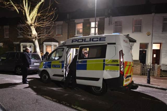 The scene in Nine Acres Close, Newham, east London, as police are searching for a 17-month-old girl, Maria Tudorica, who was abducted by a man as he stole her father's car
