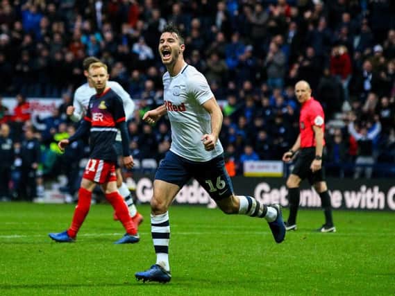 Andrew Hughes celebrates his goal against Doncaster
