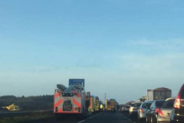 An air ambulance has attended the scene of the multi-vehicle crash on the M58 this morning. Pic - Ryan Gillett.