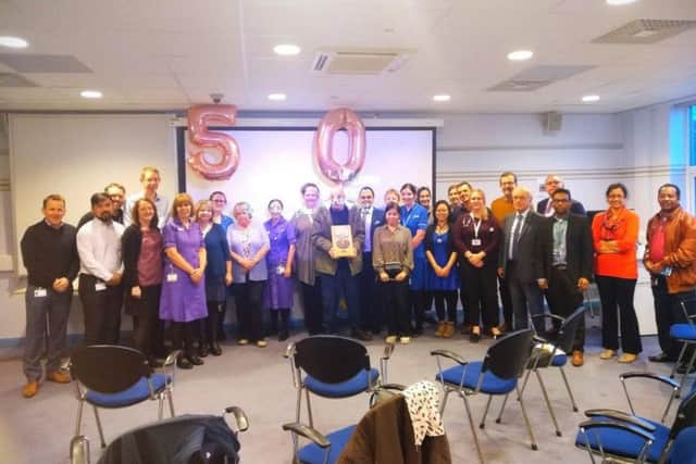 Staff and patients at the renal unit at Royal Preston Hospital celebrate Harry Turner having his new kidney for 50 years