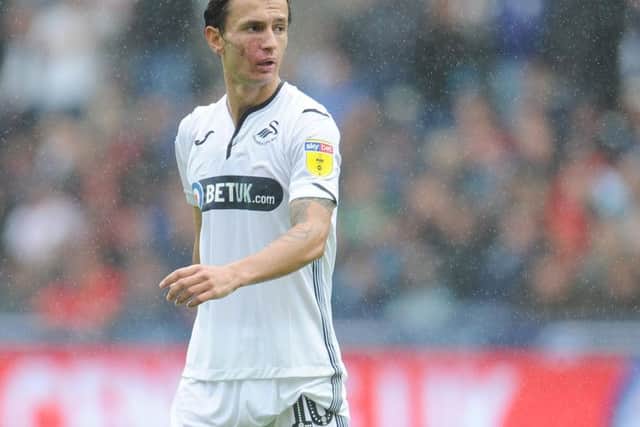 Bersant Celina in action for Swansea during the game against PNE earlier in the season