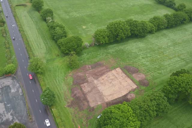 An aerial shot of the Roman Road excavation on the Cuerden Strategic Site. Copyright: Universiry of Salford.