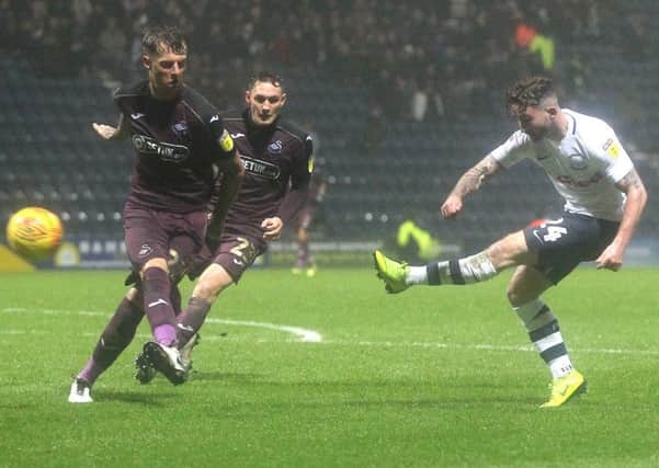 Preston North End's Sean Maguire gets a shot on goal
