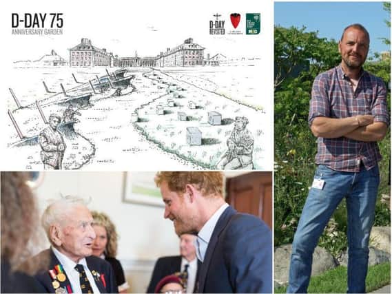 Chorley garden designer John Everiss, right, has designed a D-Day landings-inspired garden for this year's Chelsea Flower Show. He used veteran Bill Pendell, pictured with Prince Harry, as the model for the solider in the design