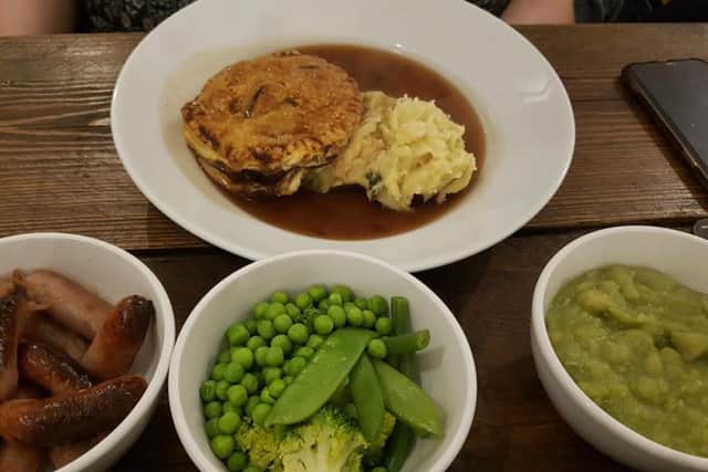 The P*ssed Cow pie - aka Steak and Real Ale - complete with sides