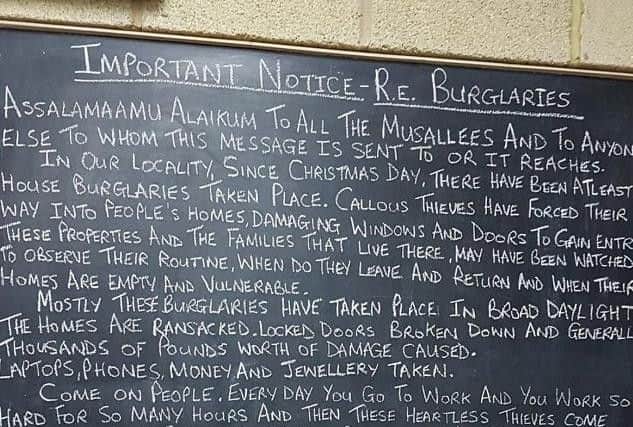 A notice informing members of Jamea Mosque about the burglaries.
