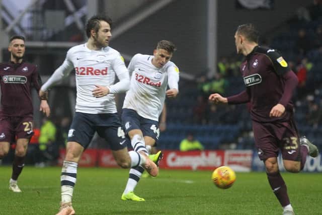 Brad Potts has a shot on his Preston North End debut against Swansea City at Deepdale last Saturday