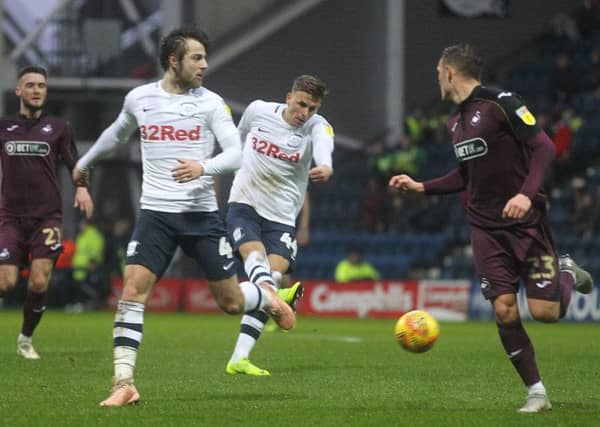 Brad Potts has a shot on his Preston North End debut against Swansea City at Deepdale last Saturday
