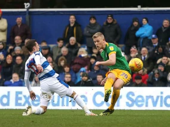 Jayden Stockley fires Preston North End in front against Queens Park Rangers at Loftus Road
