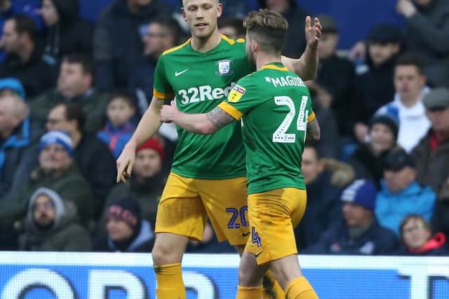 Jayden Stockley is congratulated on his first PNE goal by Sean Maguire