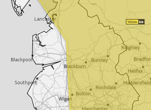 A yellow warning has been issued as ice is expected to form on some surfaces overnight into Tuesday morning across Lancashire.