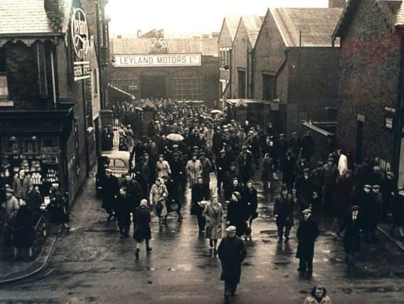 Bygone times, workers leaving the Leyland Motors factory