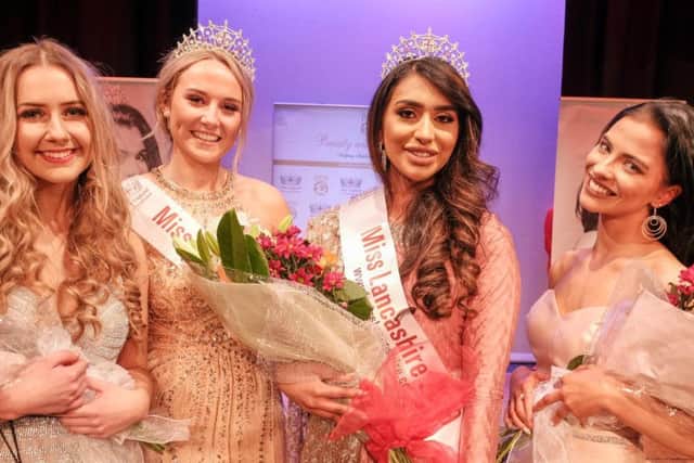 Aysha with former Miss Lancashire Elle Finch and flanked by first runner-up Holly Moore (right) and second runner-up Charlotte Lily(left), both from Preston.