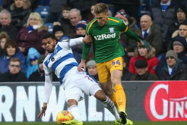 Challenging Darnell Furlong for the ball in Preston's 4-1 win at Queens Park Rangers