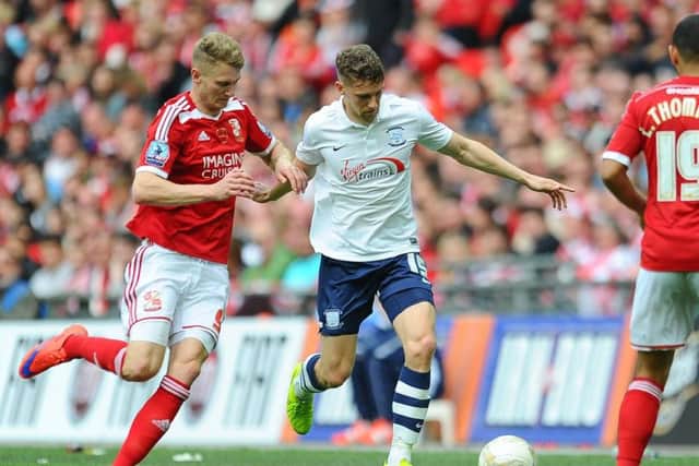 Calum Woods in action for Preston against Swindon at Wembley in the 2015 League ONE play-off final