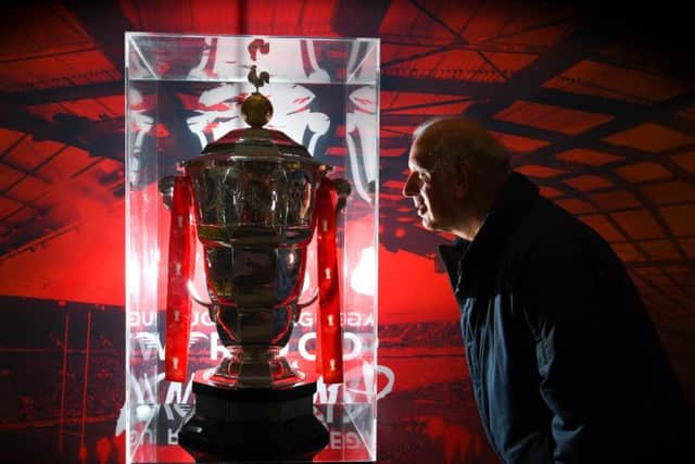 The Rugby League World Cup trophy on display in the Harris Museum