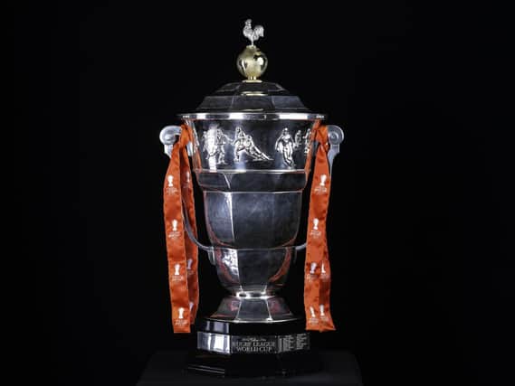 The Paul Barrire Rugby League World Cup trophy with the newly-restored cockerel on top. Pic: Allan McKenzie/SWpix.com