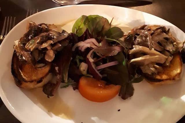 Bruschetta Ai Funghi  - homemade toasted bread topped with creamy mushroom and garlic