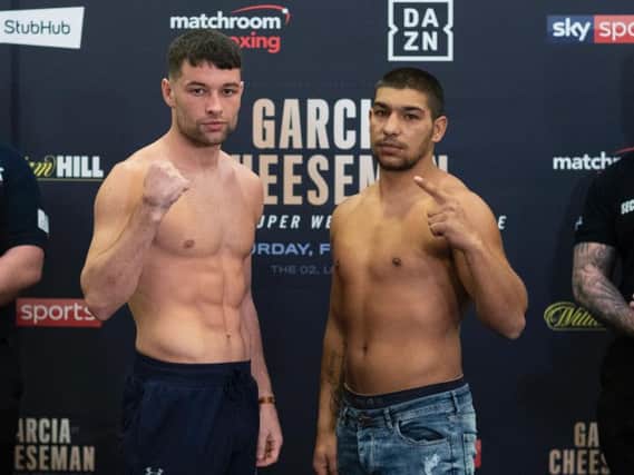 Scott Fitzgerald (left) at the weigh-in with his opponent Radoslav Mitev