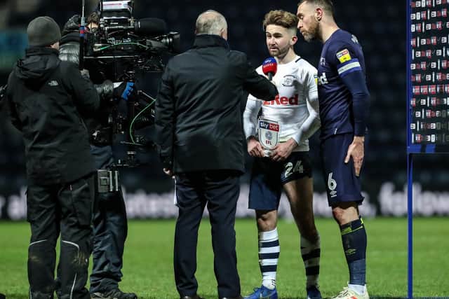 PNE frontman Sean Maguire and Derby skipper Richard Keogh are interviewed at the final whistle