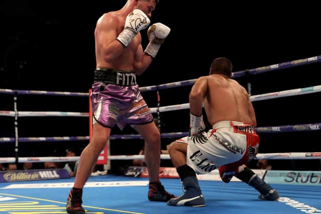 Mitev hits the canvas as he can't deal with the Preston man's punching power. PIcture: Getty Images