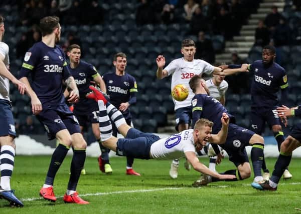 North End's Jayden Stockley creates trouble for Derby County's defence