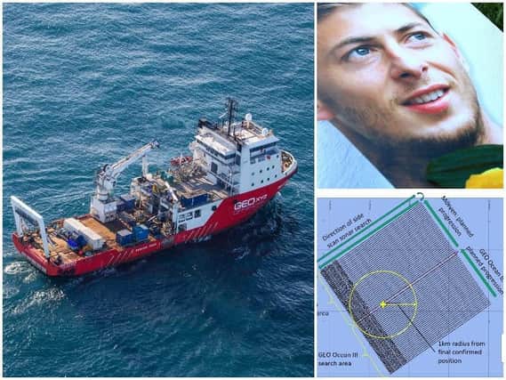 Left, the Geo Ocean III specialist search vessel off the coast of Alderney in the English Channel. Top right, a match day programme with an image of Emiliano Sala. Bottom right, the search area of two teams working together to find David Ibbotson and Emiliano Sala