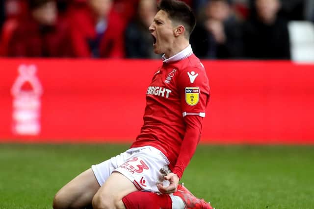 Nottingham Forest's Joe Lolley celebrates scoring the opening goal during the Sky Bet Championship match at the City Ground, Nottingham.