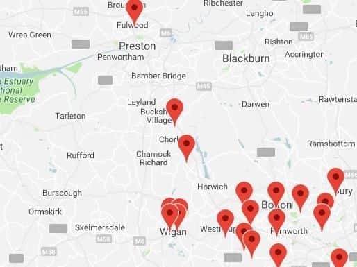 A map of confirmed cases of Alabama Rot in Lancashire, including the latest case in Chorley in January 2019.