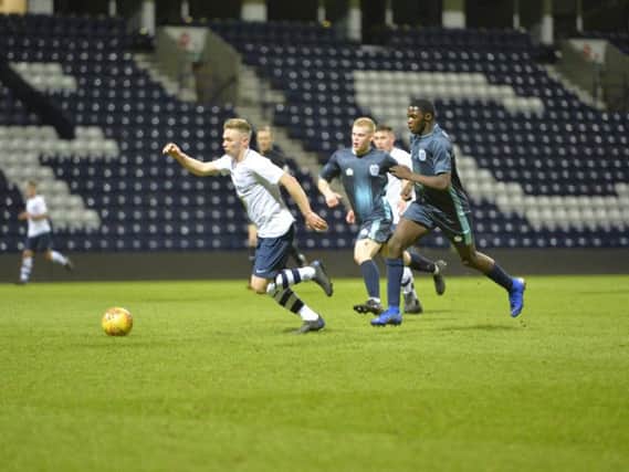 Ethan Walker in action for PNE Under-18s against Bury at Deepdale. Photo: PNE/Dave Kendall
