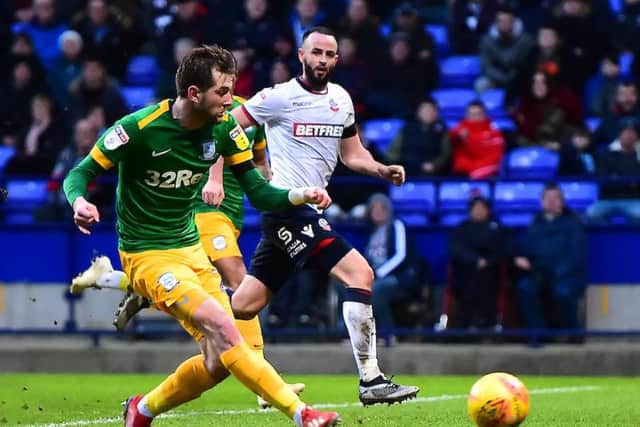 Tom Barkhuizen scores PNE's second goal in their derby win at Bolton