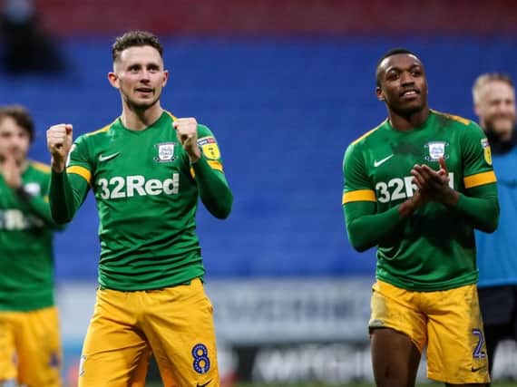 Alan Browne (left) and Darnell Fisher celebrates the 2-1 win over Bolton