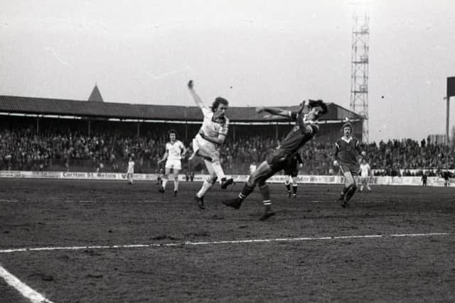 Preston striker Alex Bruce scores against Leicester City at Deepdale in April 1979