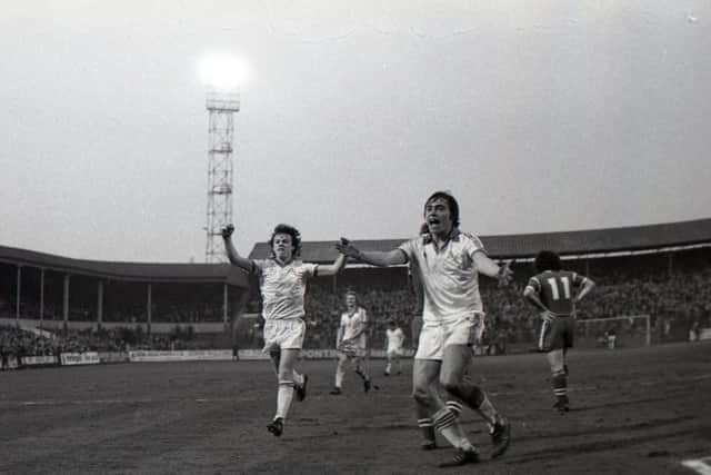 Steve Doyle and Mick Robinson celebrate a Preston goal against Leicester City at Deepdale in April 1979