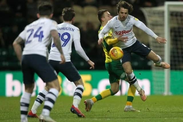 PNE midfield Ben Pearson challenges for the ball