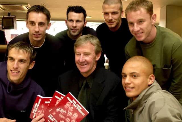 Eric Harrison (centre) with Manchester United players (from left) Gary Neville, Phil Neville, Ryan Giggs, David Beckham, Nicky Butt and Wes Brown