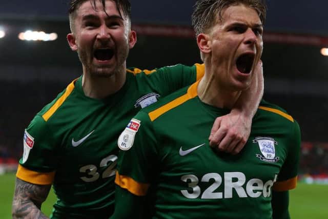 Potts celebrates his goal at Stoke with Sean Maguire