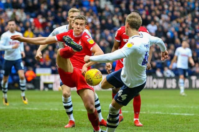 Brad Potts goes for goal against Nottingham Forest at Deepdale on Saturday