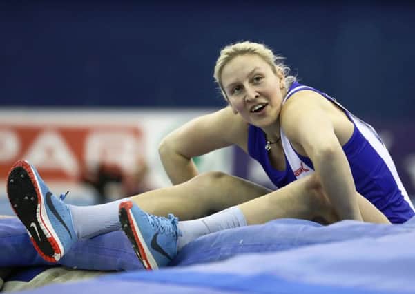 Holly Bradshaw of Great Britain reacts during the Women's pole vault at Arena Birmingham on February 09, 2019 in Birmingham, England. (Photo by Bryn Lennon/Getty Images)