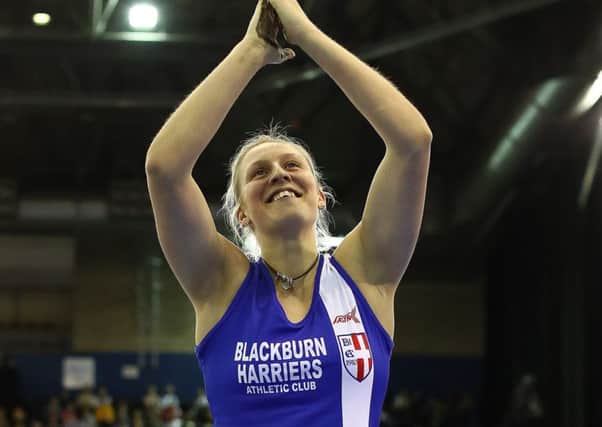 Holly Bradshaw celebrates her victory during the IAAF World Indoor Tour in Birmingham (photo: Getty Images)