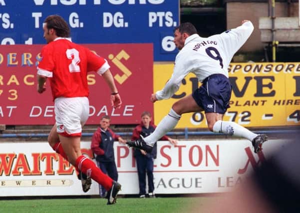 Lee Ashcroft fires Preston in front with a fine shot against Bristol City at Deepdale in May 1998
