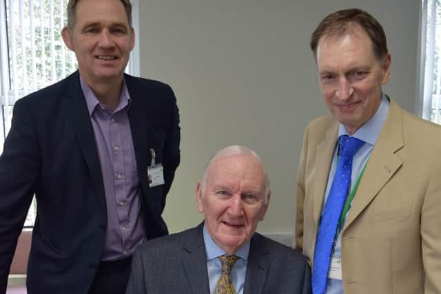 Andrew Mather, centre, with John Chesworth, left, Chairman of the Board of Trustees at St Catherines Hospice, and Stephen Greenhalgh, Chief Executive of St Catherines Hospice.