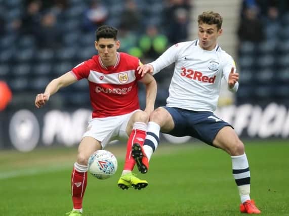 Ryan Ledson battles for the ball on his return to the PNE side against Bristol City